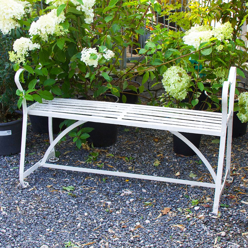 Antique White Bench with Curved Armrests Beetham Nurseries