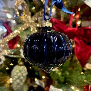 Blue Ribbed Glass Onion Bauble
