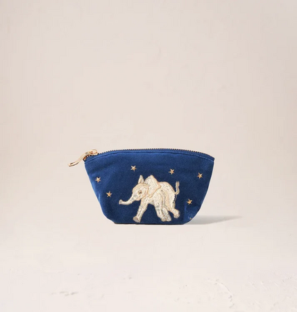 Elizabeth Scarlett Baby Elephant Conservation Velvet Coin Purse in Navy