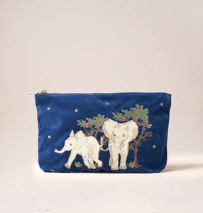 Elizabeth Scarlett Baby Elephant Conservation Velvet Everyday Pouch in Navy