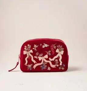 Elizabeth Scarlett Berries & Bows Velvet Makeup Bag in Rouge