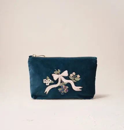 Elizabeth Scarlett Berries & Bows Velvet Mini Pouch in Ink Blue
