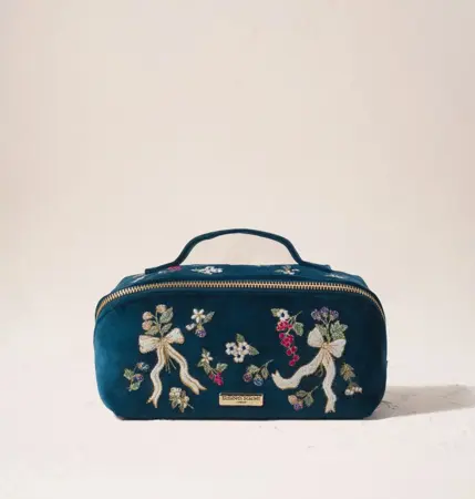 Elizabeth Scarlett Berries & Bows Velvet Open Flat Makeup Bag in Ink Blue