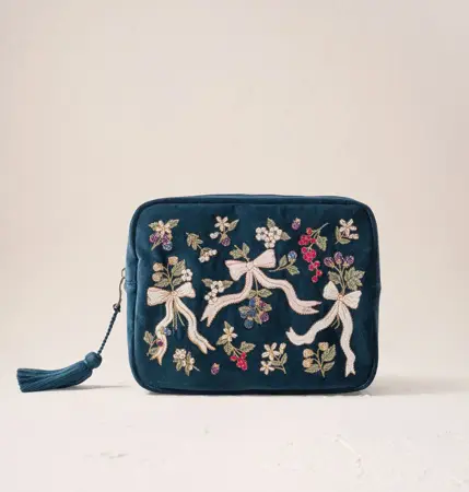 Elizabeth Scarlett Berries & Bows Velvet Wash Bag in Ink Blue
