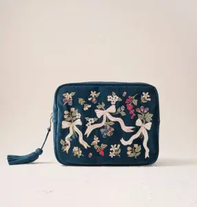 Elizabeth Scarlett Berries & Bows Velvet Wash Bag in Ink Blue