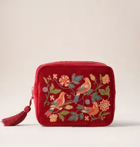 Elizabeth Scarlett Botanical Birds Velvet Wash Bag Rouge