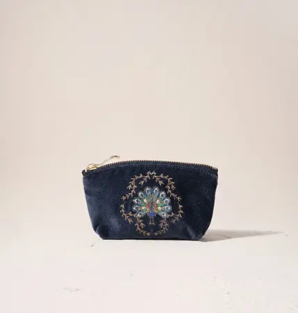 Elizabeth Scarlett Botanical Peacock Velvet Coin Purse in Indigo