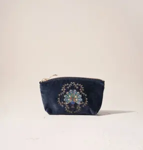 Elizabeth Scarlett Botanical Peacock Velvet Coin Purse in Indigo