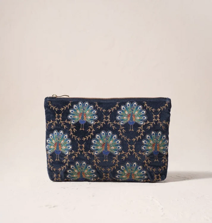 Elizabeth Scarlett Botanical Peacock Velvet Everyday Pouch in Indigo