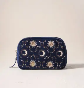 Elizabeth Scarlett Celestial Sun & Moon Velvet Makeup Bag in Navy