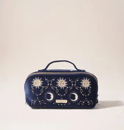 Elizabeth Scarlett Celestial Sun & Moon Velvet Open Flat Makeup Bag in Navy