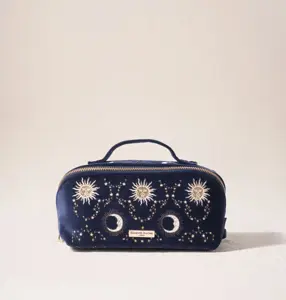 Elizabeth Scarlett Celestial Sun & Moon Velvet Open Flat Makeup Bag in Navy
