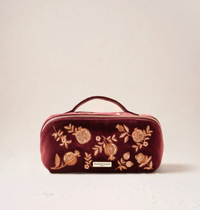Elizabeth Scarlett Golden Pomegranate Velvet Open Flat Makeup Bag in Damson