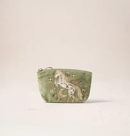 Elizabeth Scarlett Mystical Horse Velvet Coin Purse in Olive Green