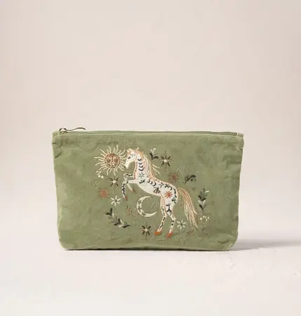 Elizabeth Scarlett Mystical Horse Velvet Everyday Pouch in Olive Green