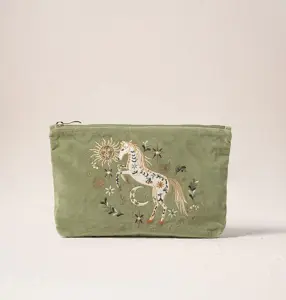 Elizabeth Scarlett Mystical Horse Velvet Everyday Pouch in Olive Green