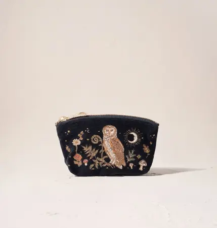 Elizabeth Scarlett Mystical Owl Velvet Coin Purse in Charcoal Black