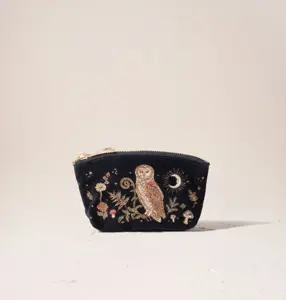 Elizabeth Scarlett Mystical Owl Velvet Coin Purse in Charcoal Black