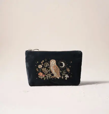 Elizabeth Scarlett Mystical Owl Velvet Mini Pouch in Charcoal Black