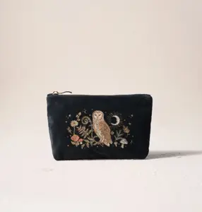 Elizabeth Scarlett Mystical Owl Velvet Mini Pouch in Charcoal Black