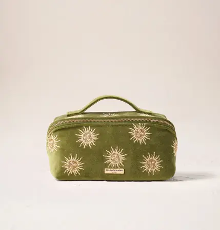 Elizabeth Scarlett Sun Goddess Velvet Open Flat Makeup Bag in Fern Green