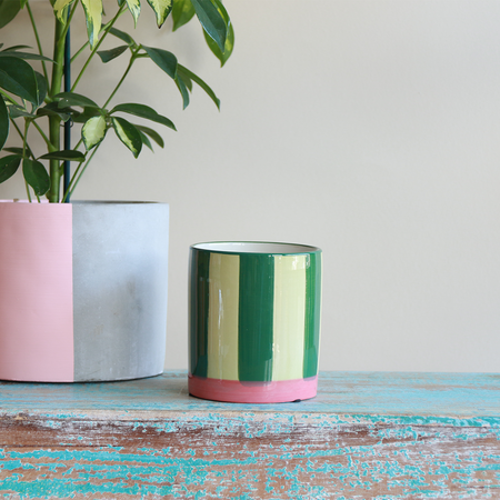Flowerpot with Stripes in Green and Rosa - 11 x 10 cm