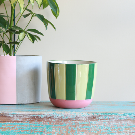 Flowerpot with Stripes in Green and Rosa - 13 x 15 cm