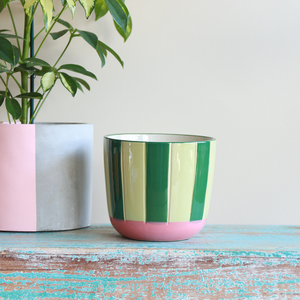 Flowerpot with Stripes in Green and Rosa - 13 x 15 cm