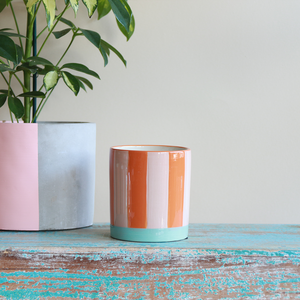 Flowerpot with Stripes in Orange Pink and Mint - 11 x 10 cm