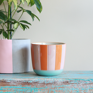 Flowerpot with Stripes in Orange Pink and Mint - 13 x 15 cm