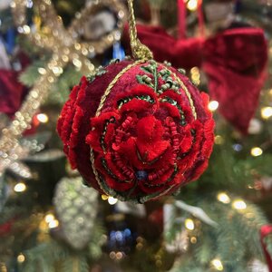 Red Velvet Bauble with Red Rose Embroidery