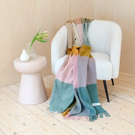 Sage Herringbne Block Check Recycled Wool Blanket by Tartan Blanket Co.