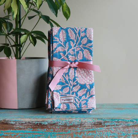 Twizzell Indian Block Print Napkins Set of 4 - White Pastels