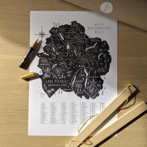 Oldfield Design Wainwright Fells Black Map with Frame & Gold Pen